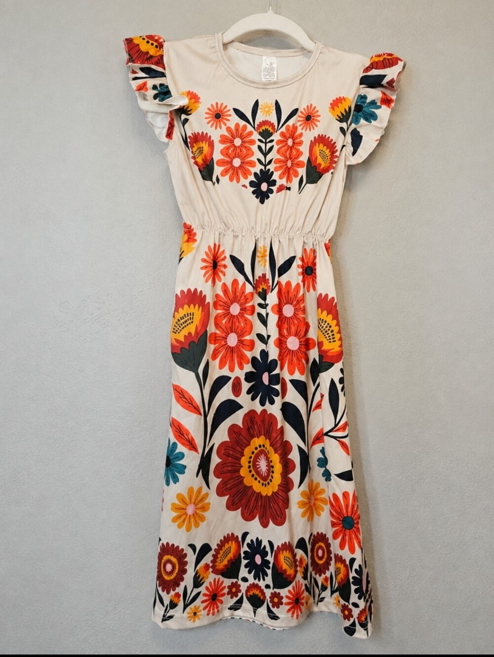 Girls Cream Floral Ruffle Sleeve Dress Size 7-8 Y